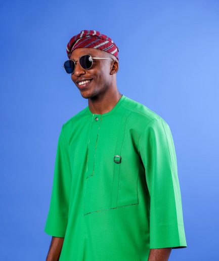 A Cool Green, Double Left Panel With Metal Buckle Details, 3/4 Sleeve African Senator Kaftan Native