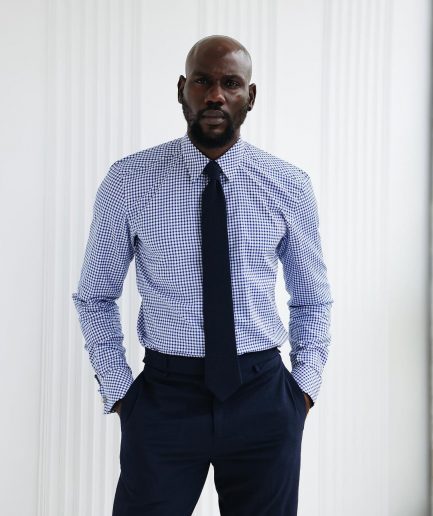 A White and Blue Check, English Spread Collar Business Shirt.