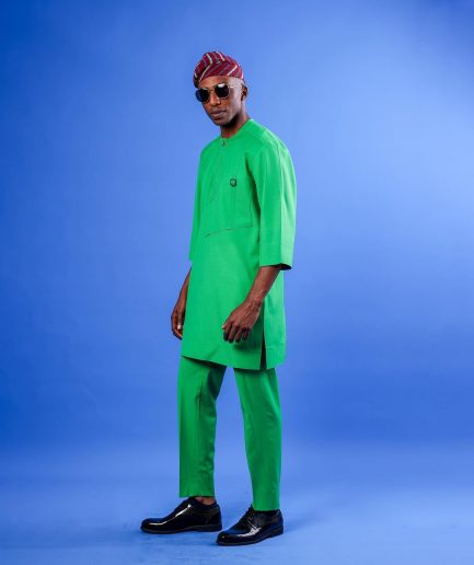 A Cool Green, Double Left Panel With Metal Buckle Details, 3/4 Sleeve African Senator Kaftan Native