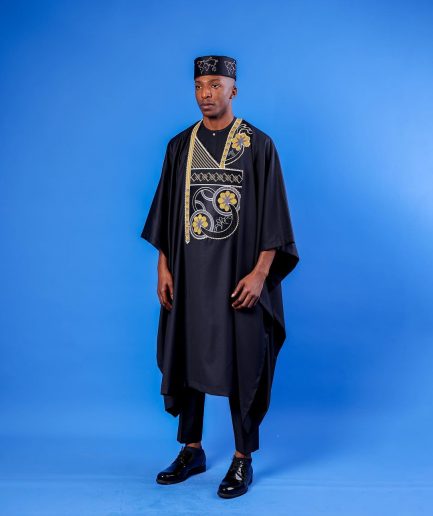 A Charcoal Black, Spiral & Floral Embroidery Details Agbada