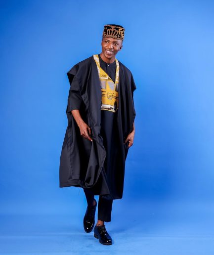 A Charcoal black, yellow danfo embroidery details agbada