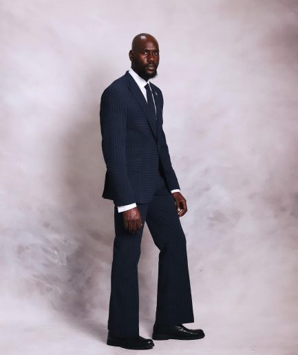 A Navy Blue “Peaky Blinder” Seersucker, Reversed Stripe Peak Lapel Suit