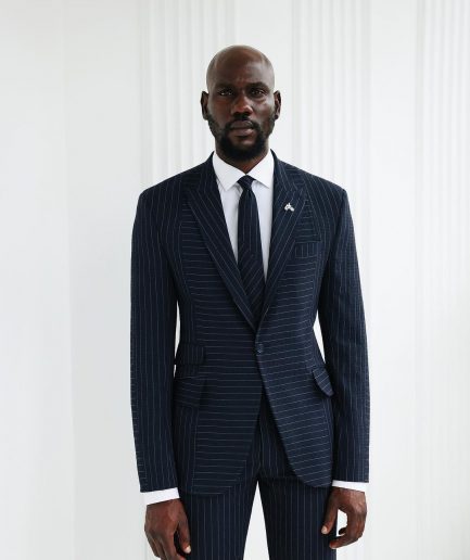 A Navy Blue, Seersucker, Reversed Pin Stripe Peak Lapel Suit