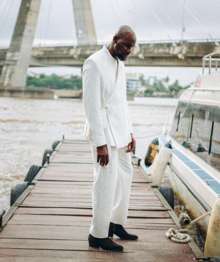 A White “Psydo” Oversized Seersucker Samurai Jacket