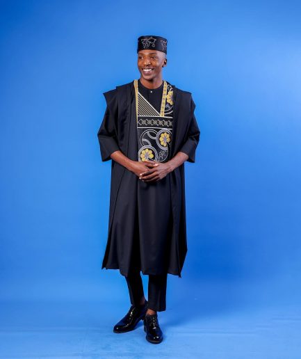 A Charcoal Black, Spiral & Floral Embroidery Details Agbada
