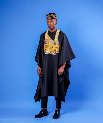 A Charcoal black, yellow danfo embroidery details agbada