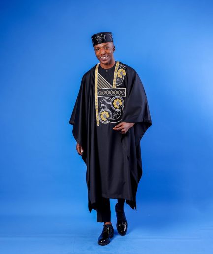 A Charcoal Black, Spiral & Floral Embroidery Details Agbada