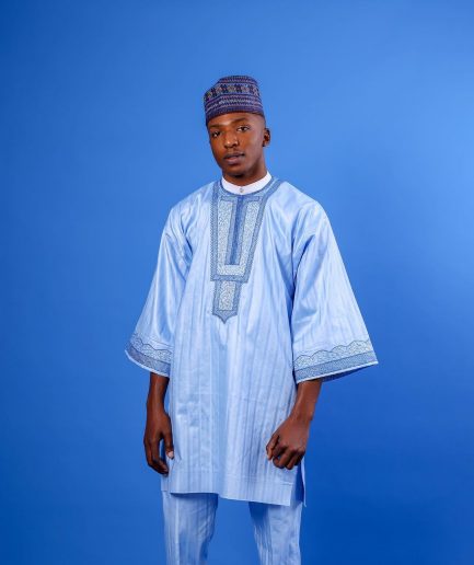 A Sky Blue, Spiral & Basket, Wide-Cut 3/4 Sleeve African Senator Kaftan Native