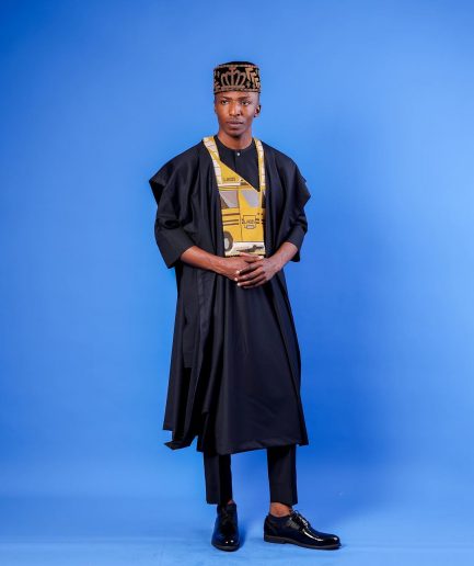 A Charcoal black, yellow danfo embroidery details agbada
