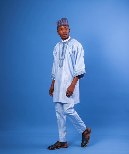 A Sky Blue, Spiral & Basket, Wide-Cut 3/4 Sleeve African Senator Kaftan Native