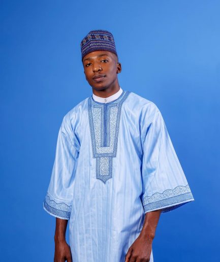 A Sky Blue, Spiral & Basket, Wide-Cut 3/4 Sleeve African Senator Kaftan Native