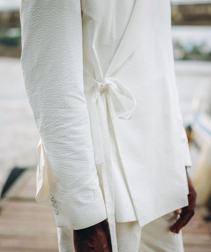 A White “Psydo” Oversized Seersucker Samurai Jacket