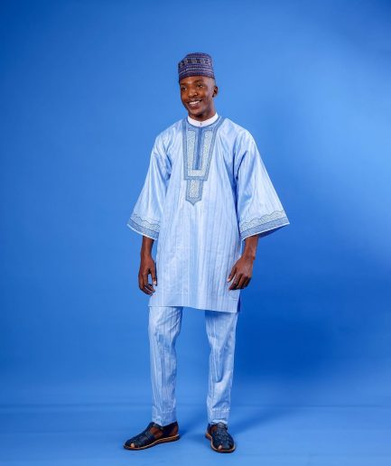 A Sky Blue, Spiral & Basket, Wide-Cut 3/4 Sleeve African Senator Kaftan Native
