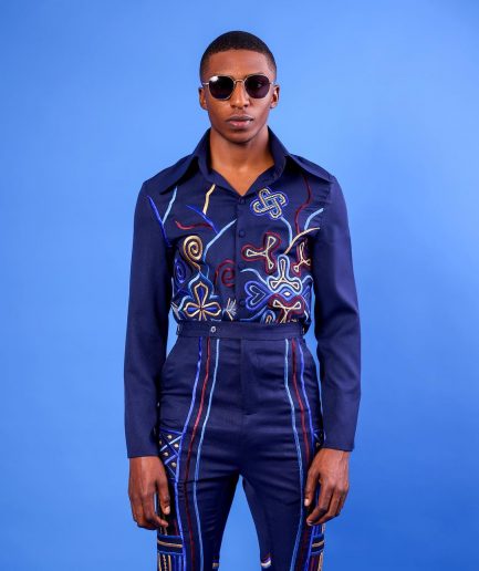A Navy Blue, “Anikulapo” Arewa Embroidery Top And Pant African Native.