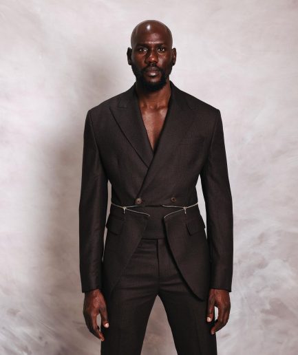 A Hickory Monochrome Brown And Black Nobility Check, Knitted, Double-Breasted “Zipper” Peak Lapel Suit