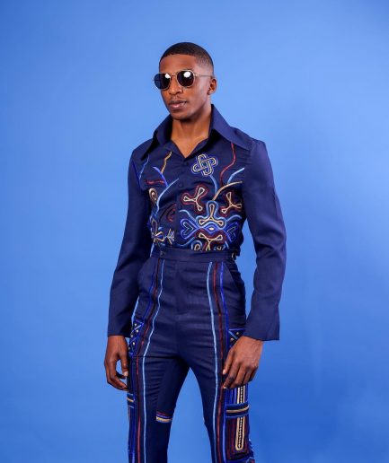 A Navy Blue, “Anikulapo” Arewa Embroidery Top And Pant African Native.