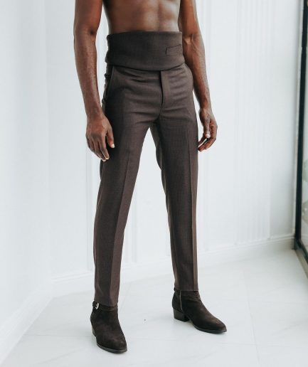 A Hickory brown and black check, nobility, tapered cut pant with side metal adjuster.