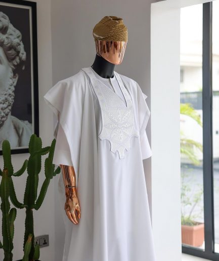 A White, Flapper Embroidery With Silver Mix Jacquard Details Agbada