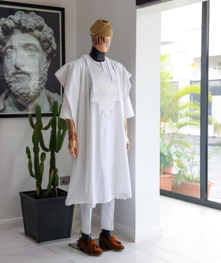 A White, Flapper Embroidery With Silver Mix Jacquard Details Agbada