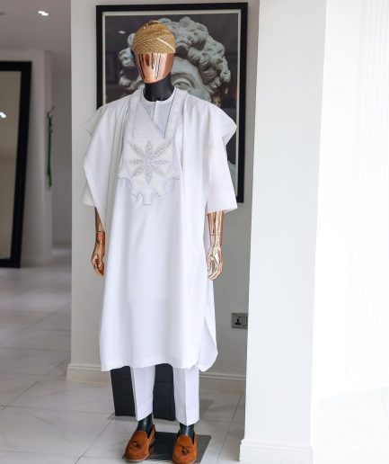 A White, Flapper Embroidery With Silver Mix Jacquard Details Agbada