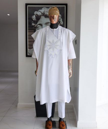 A White, Flapper Embroidery With Silver Mix Jacquard Details Agbada