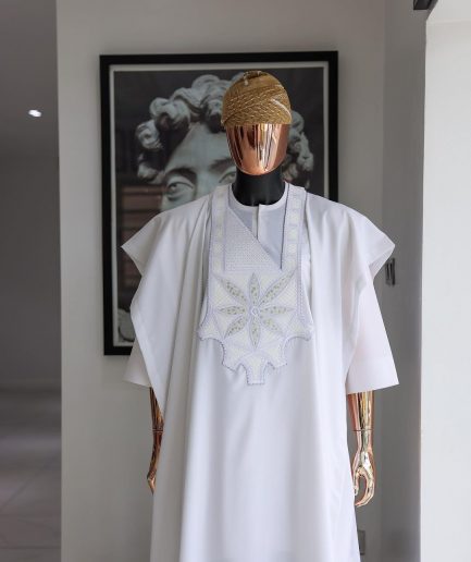 A White, Flapper Embroidery With Silver Mix Jacquard Details Agbada
