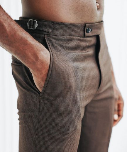 A Hickory brown and black check, nobility, tapered cut pant with side metal adjuster.