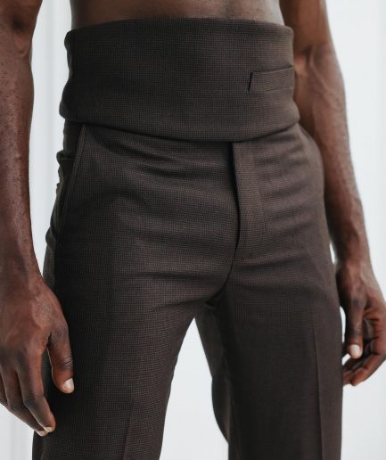A Hickory brown and black check, nobility, tapered cut pant with side metal adjuster.