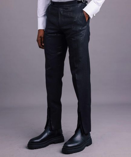 A Charcoal Black, Stuffed Or Slanted Square-Patterned Jacquard Peak lapel Tuxedo Suit