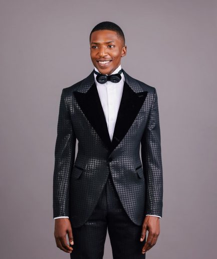 A Charcoal Black, Stuffed Or Slanted Square-Patterned Jacquard Peak lapel Tuxedo Suit