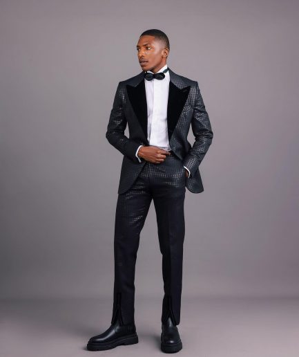 A Charcoal Black, Stuffed Or Slanted Square-Patterned Jacquard Peak lapel Tuxedo Suit