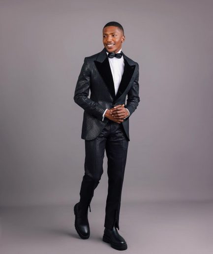A Charcoal Black, Stuffed Or Slanted Square-Patterned Jacquard Peak lapel Tuxedo Suit
