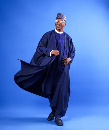 A Navy blue, “IBB”, arewa front cut, traditional detailing embroidery details tagbada