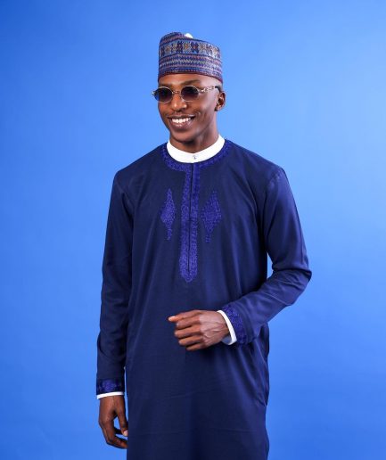 A Navy Blue, Arewa Embroidery Details Long Sleeve African Senator Kaftan Native