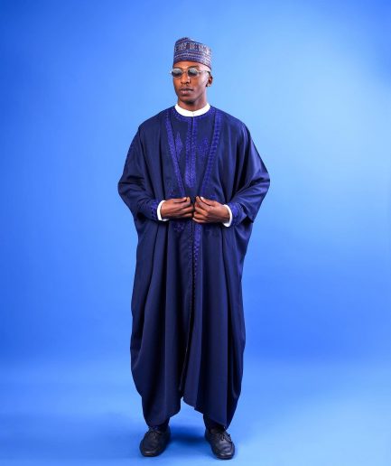 A Navy blue, “IBB”, arewa front cut, traditional detailing embroidery details tagbada