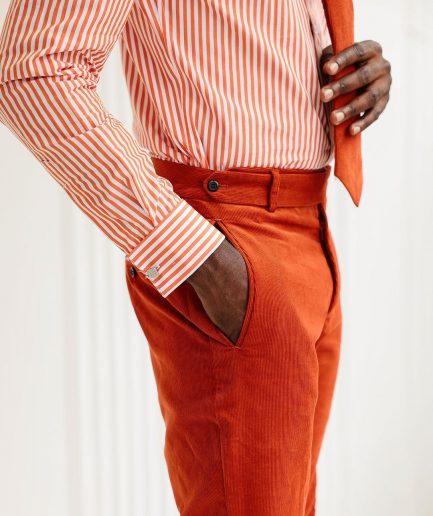 A Vermilion Orange Corduroy, Zip-Line Detailing, Boot-Cut Pant Trousers