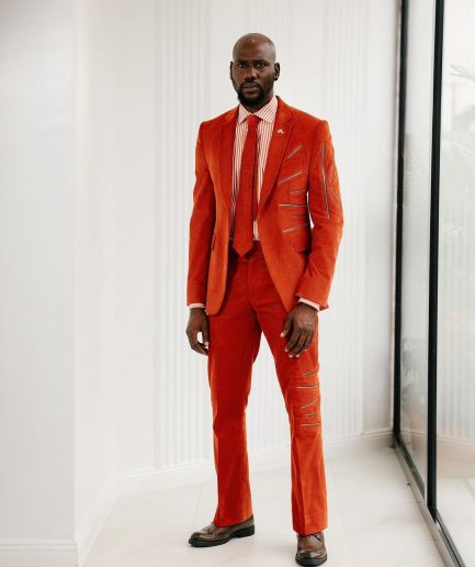 A Vermillion Orange Corduroy Notch Lapel With Gold Zipping Details Suit