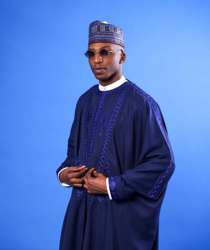 A Navy blue, “IBB”, arewa front cut, traditional detailing embroidery details tagbada