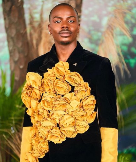 A Charcoal Black Velvet Peak Lapel Blazer With Gold Silk Petals