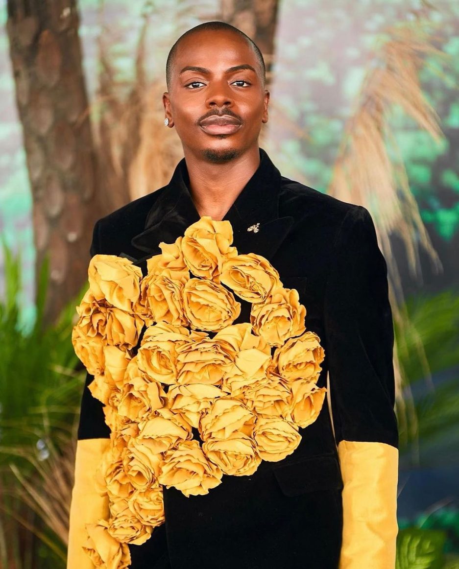 Charcoal black velvet blazer with gold silk petals and velvet pant