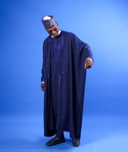 A Navy blue, “IBB”, arewa front cut, traditional detailing embroidery details tagbada