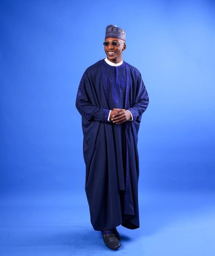 A Navy blue, “IBB”, arewa front cut, traditional detailing embroidery details tagbada