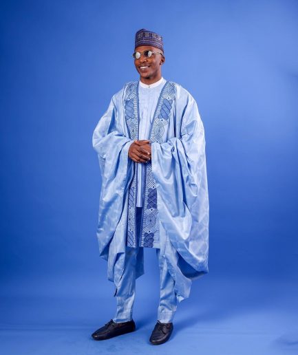 A Skye Blue, “Dan Fodio” Arewa, Aront Cut With Round Tail Embroidery Details Tagbada
