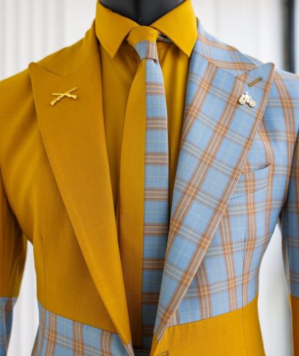 A “Square Shattered” Yellow & Broken Tartan Check In Sapphire Blue Mix Peak Lapel Suit