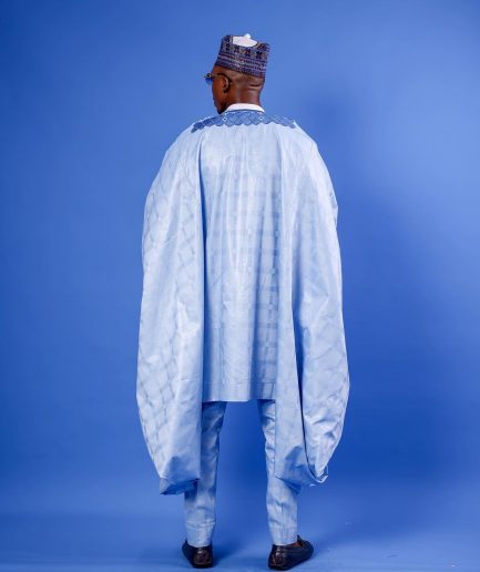 A Skye Blue, “Dan Fodio” Arewa, Aront Cut With Round Tail Embroidery Details Tagbada