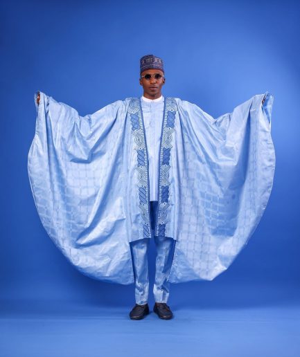 A Skye Blue, “Dan Fodio” Arewa, Aront Cut With Round Tail Embroidery Details Tagbada