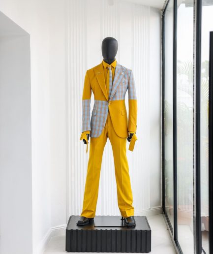 A “Square Shattered” Yellow & Broken Tartan Check In Sapphire Blue Mix Peak Lapel Suit