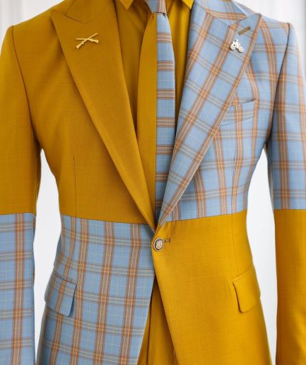 A “Square Shattered” Yellow & Broken Tartan Check In Sapphire Blue Mix Peak Lapel Suit