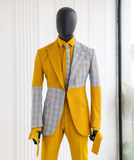 A “Square Shattered” Yellow & Broken Tartan Check In Sapphire Blue Mix Peak Lapel Suit
