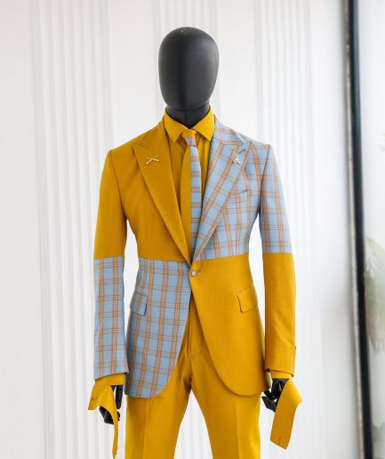 A “Square Shattered” Yellow & Broken Tartan Check In Sapphire Blue Mix Peak Lapel Suit